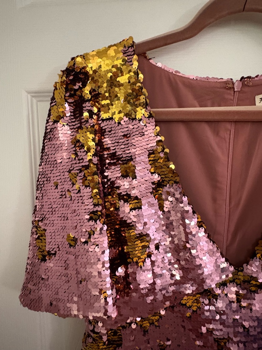 For Love & Lemons Pink and Gold Sequin Mini Dress Sz L
